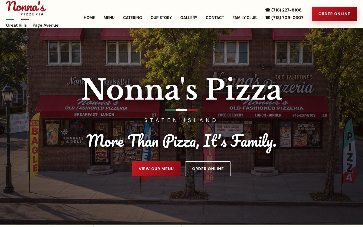 Current Nonna’s Pizzeria website showing its storefront and family branding